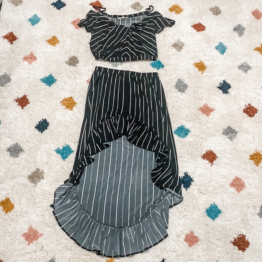 Express Black White Pinstripe Two Piece Set Off Shoulder Crop Top High Low Skirt